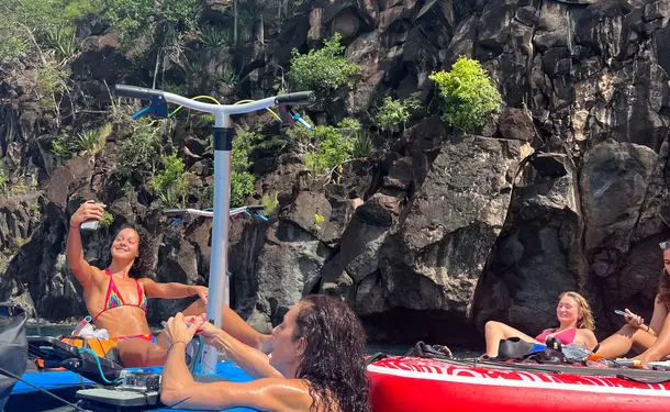 Step paddle on translucent water