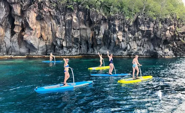 Step paddle on translucent water