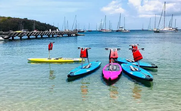 Step paddle on translucent water
