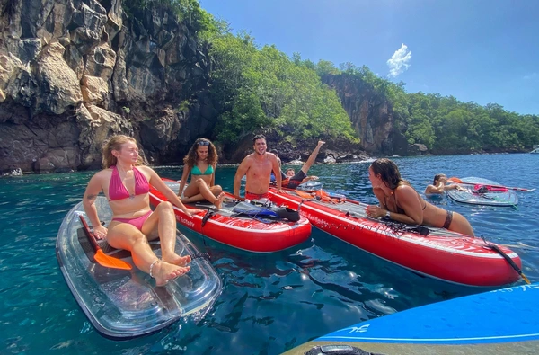 Step paddle on translucent water